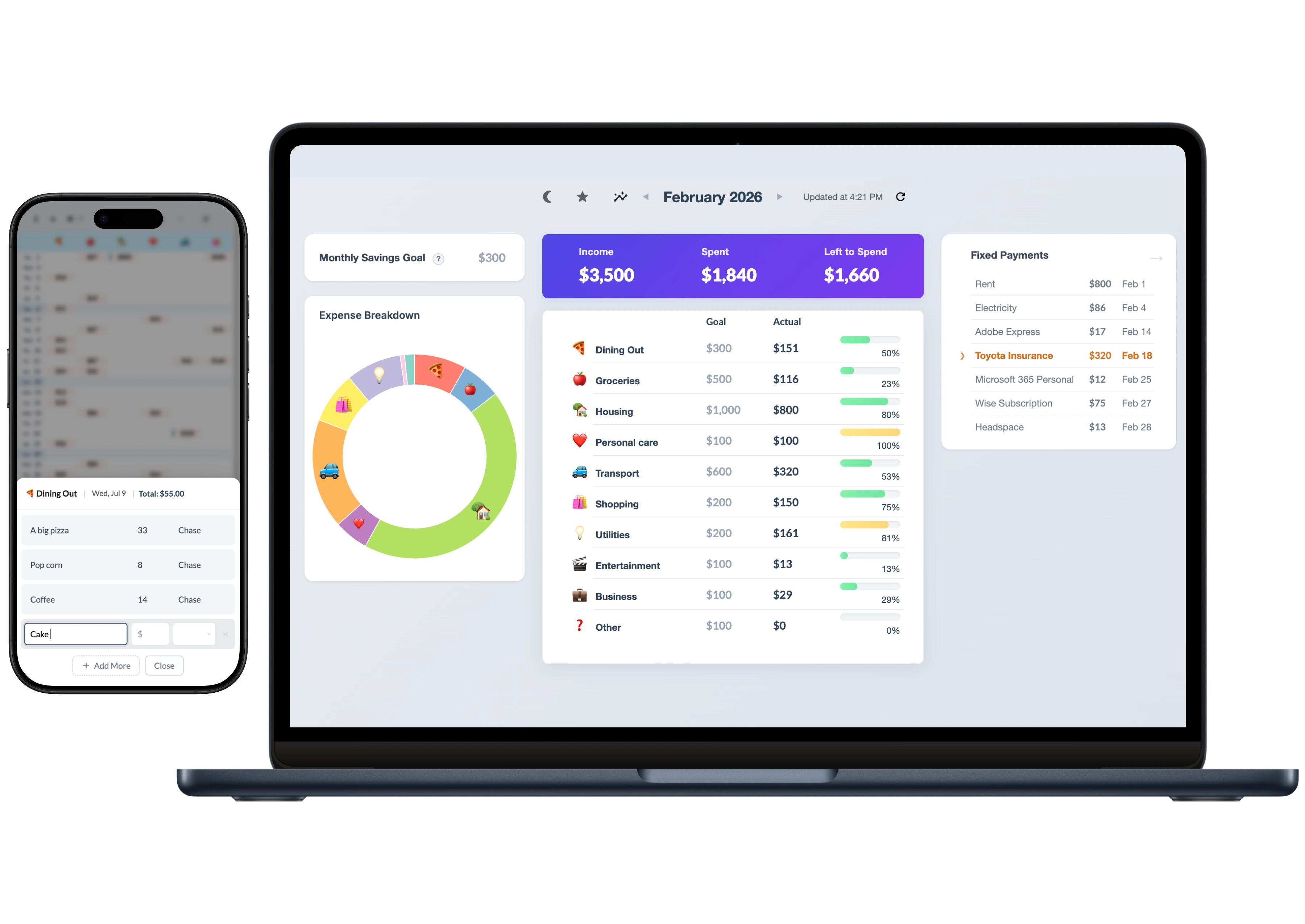 Simplify Budget monthly calendar view showing expense tracking